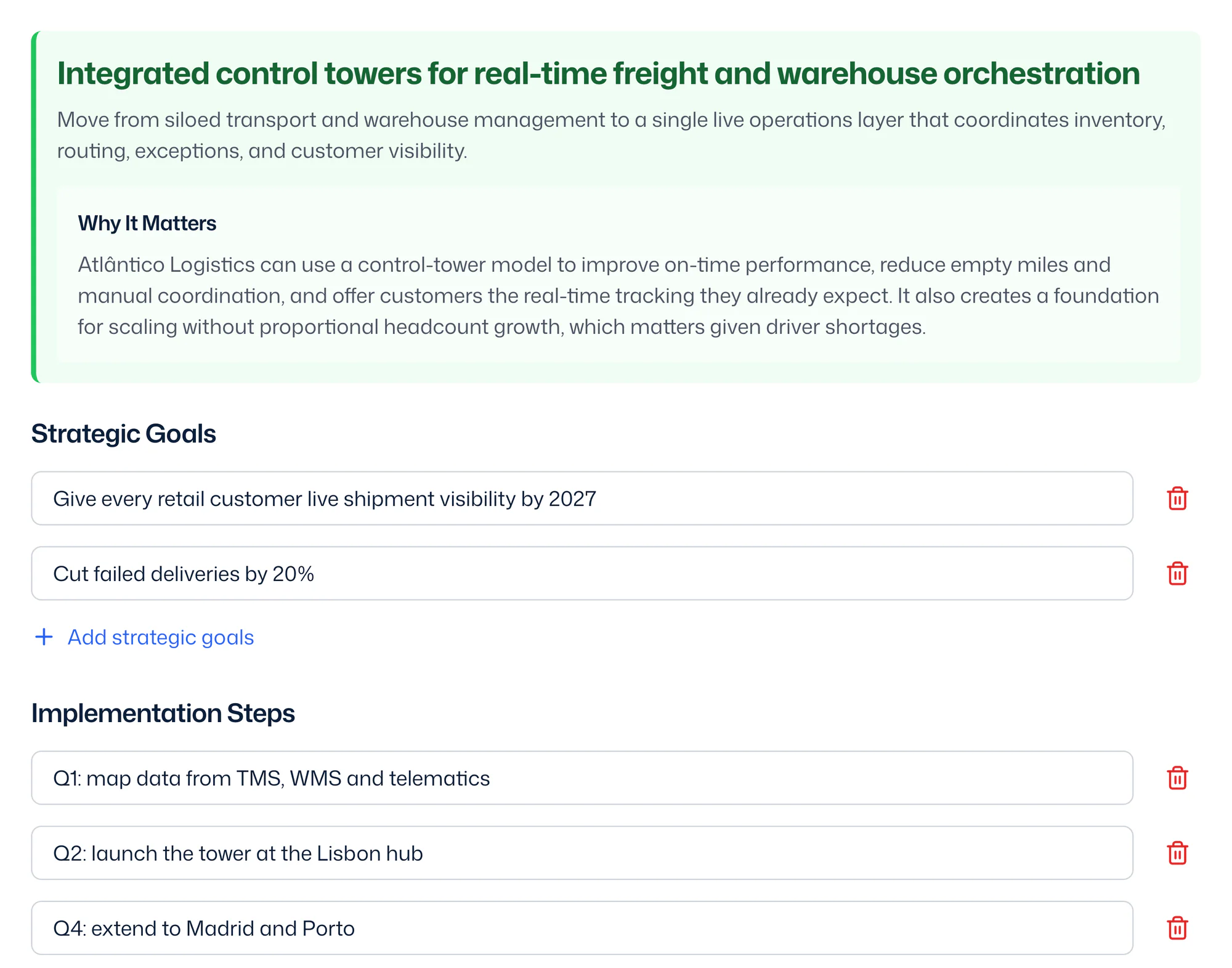 The action plan for integrated control towers, with a Why It Matters summary, strategic goals and implementation steps
