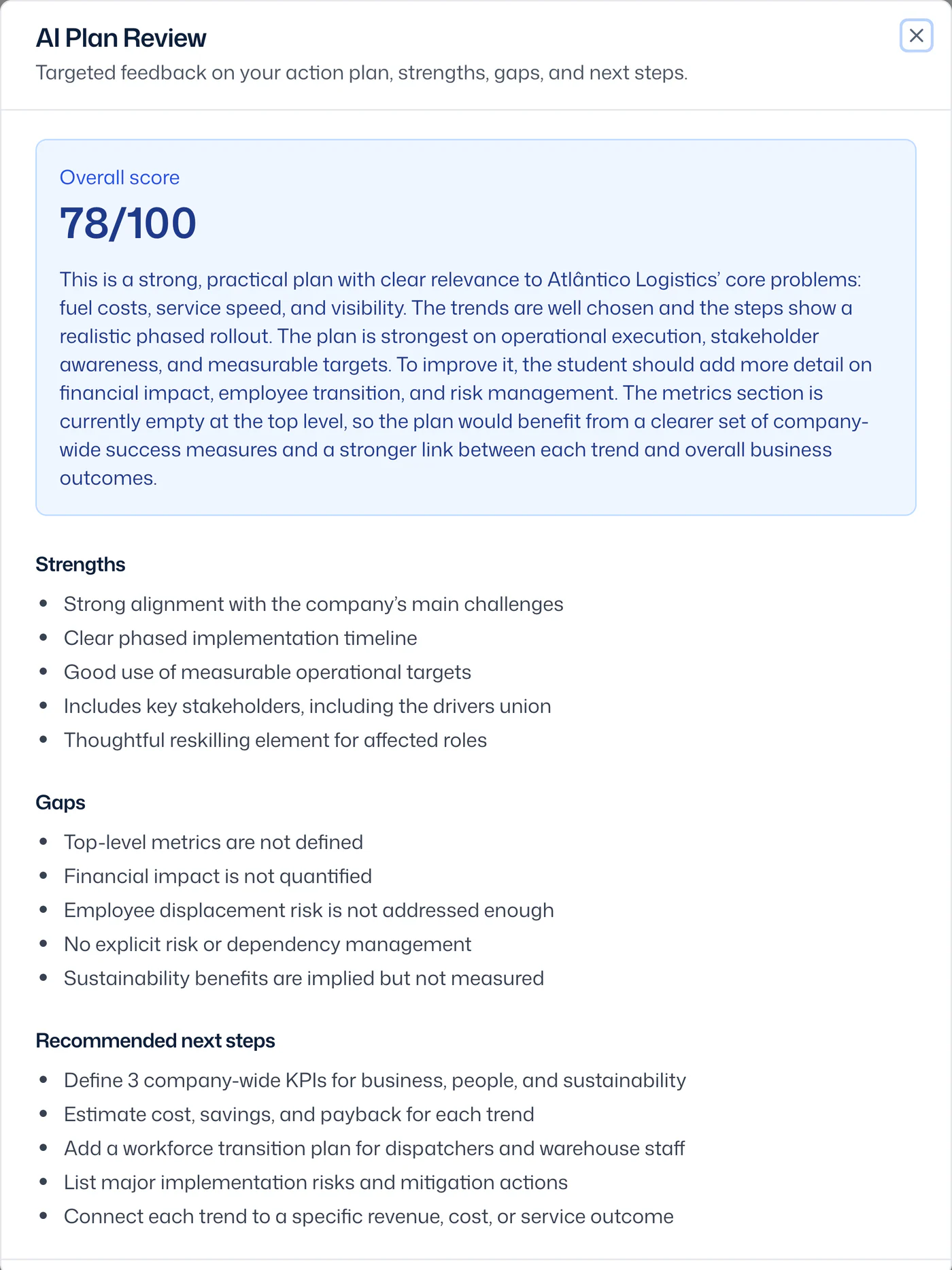 The AI Plan Review: 78 out of 100, with a summary, strengths, gaps and recommended next steps