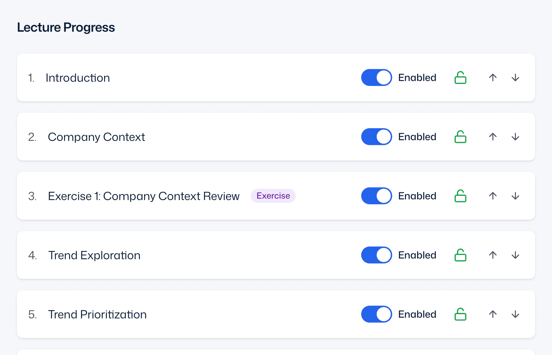 The facilitator dashboard: each workshop section with its switch, lock and order controls