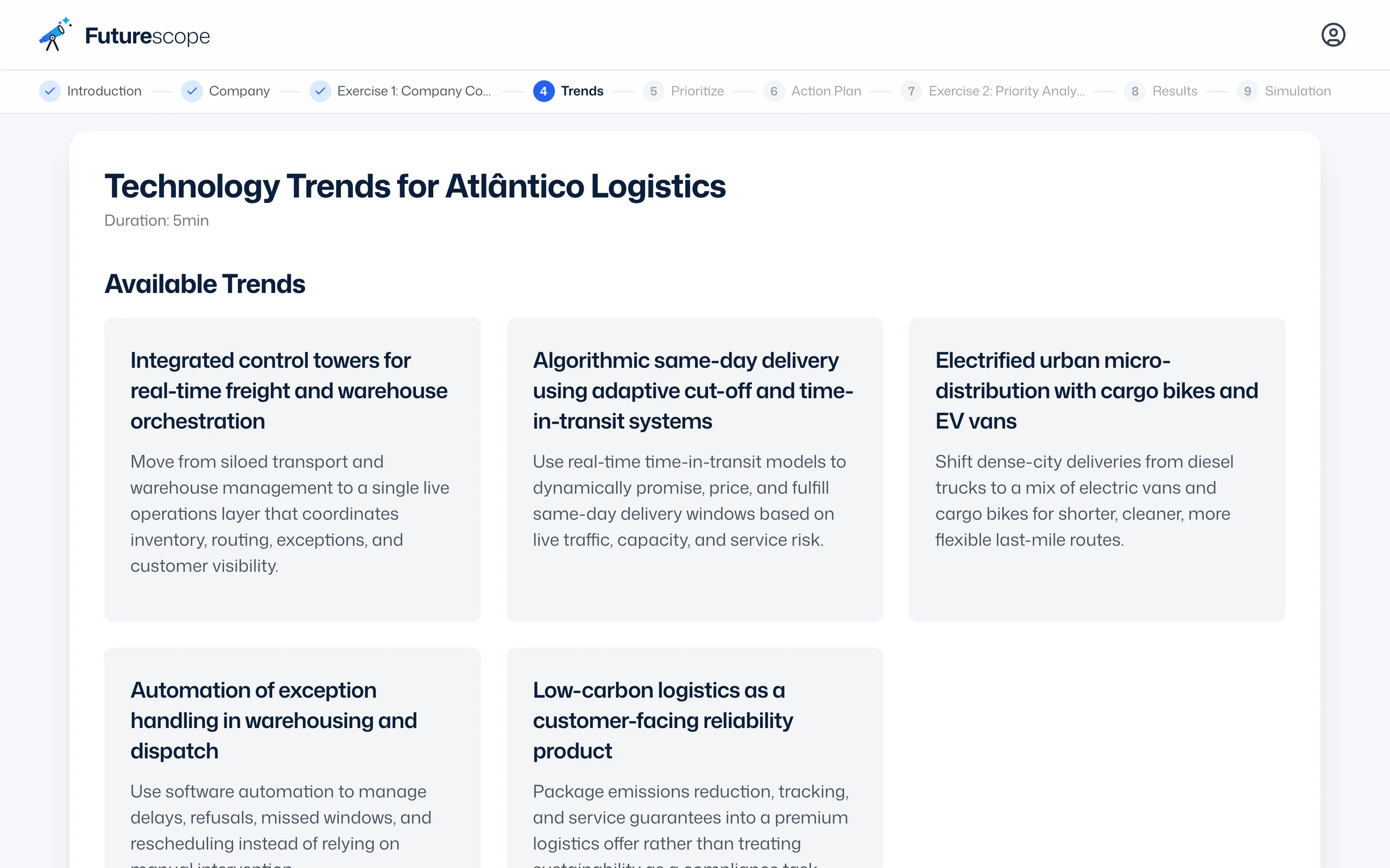 Futurescope showing technology trends generated for Atlântico Logistics, an example company